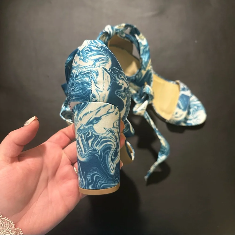 Wild Diva Satin Lace-Up Marble Block Heel Sandals